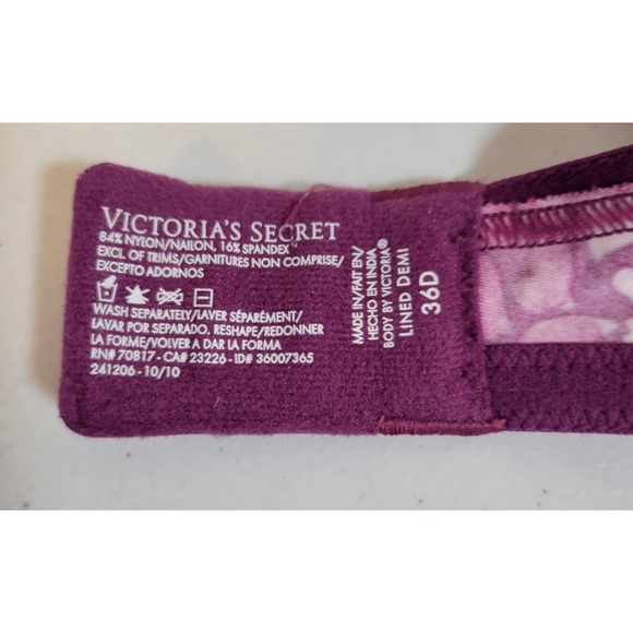 Victorias Secret Underwire Bra Pink Purple Hearts Size 36D Rhinestone Lined 1159 - Picture 6 of 6
